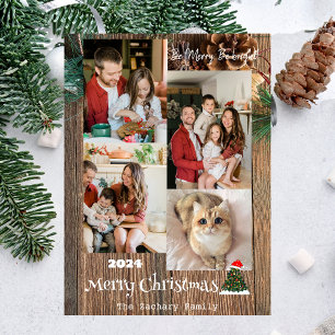 Elegante Rustic Wood Christmas Family Foto Collage Feiertagskarte