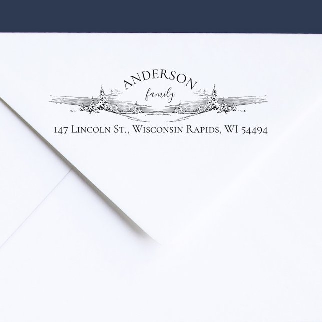 Elegante Rústico De Pinos De Nieve Dirección de Re Permastempel (Winter Snowy Landscape with Pine Trees Elegant Family Return Address Stamp)