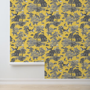 Elegante Rustikal Fox Forest Animals Gelb Toile Tapete
