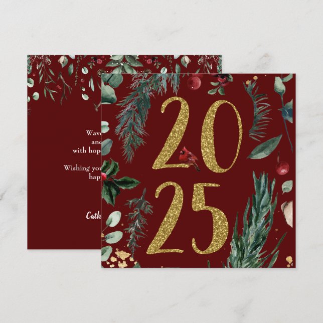 Elegante Rustikal Red 2025 New Years Holiday Card (Vorne/Hinten)