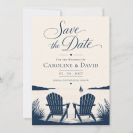 Elegante rustikale Adirondack-Stühle am See Hochze Save The Date