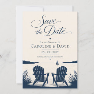 Elegante rustikale Adirondack-Stühle am See Hochze Save The Date