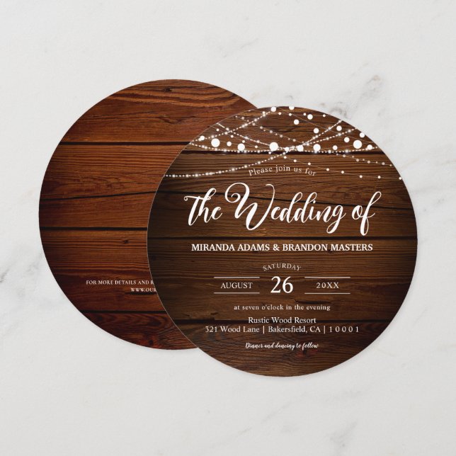 Elegante rustikale Barnholz-String-Lichter Hochzei Einladung (Vorne/Hinten)