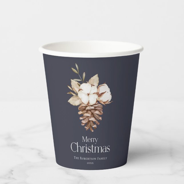 Elegante Rustikale Baumwolle & Pinecone Weihnachte Pappbecher (Vorderseite)