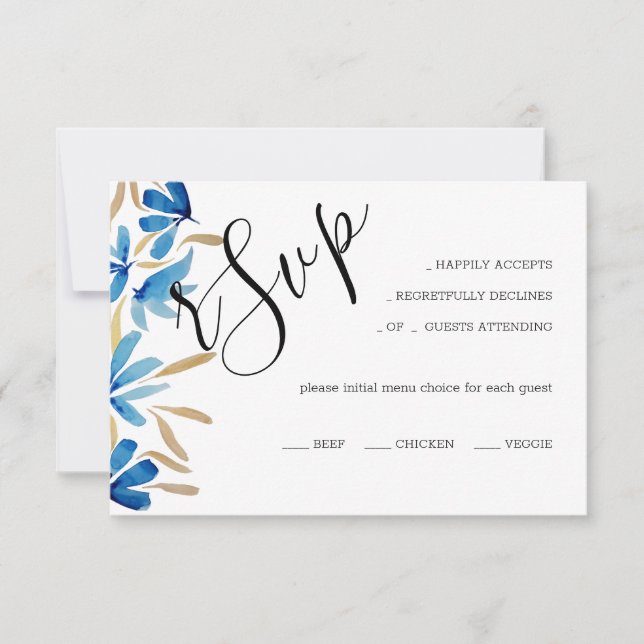 Elegante rustikale Blau- und Gold-Wildblumen RSVP Karte (Vorderseite)