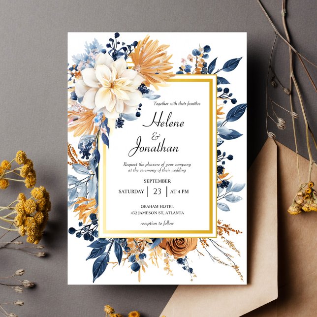 Elegante Rustikale Blumenmeere Einladung (Elegant Rustic Floral Navy Blue Terracotta Wedding Invitation)