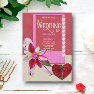 Elegante rustikale Calligraphie Red Heart Bow Wedd Einladung