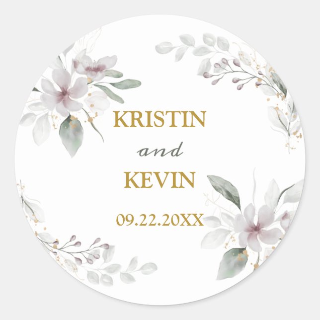 Elegante rustikale Dusty White Blume Aquarell Gold Runder Aufkleber (Vorderseite)