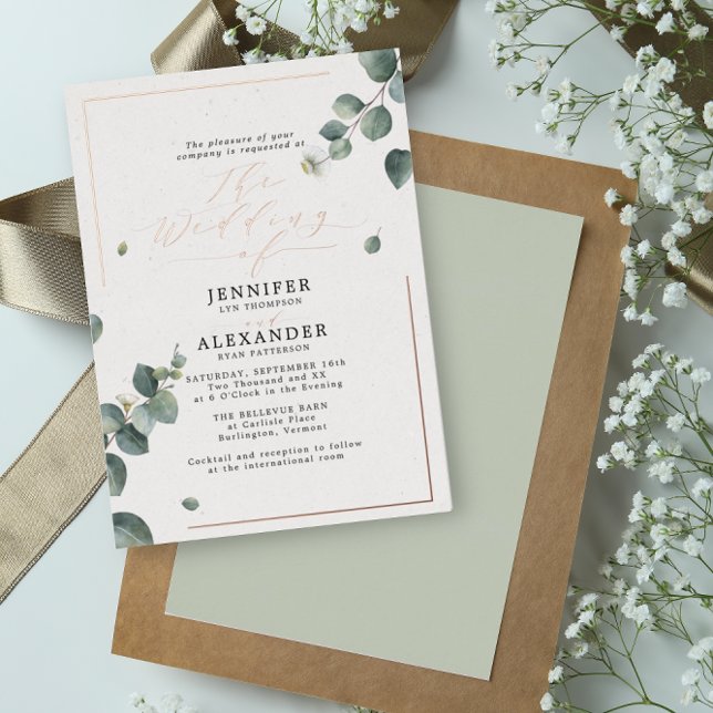 Elegante rustikale Eukalyptus Script Wedding Rose Folieneinladung (Von Creator hochgeladen)