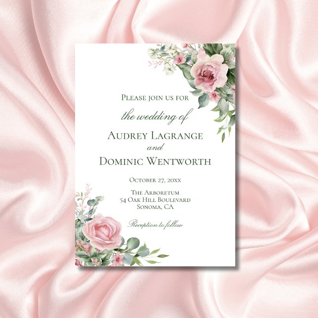 Elegante rustikale, florale Rosa Rosen Botanische  Einladung (elegant floral wedding invitation with pink roses greenery for botanical garden themed weddings)