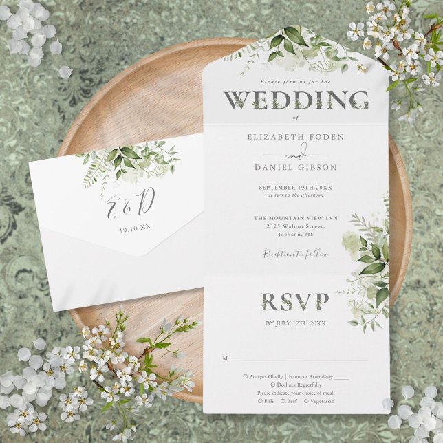 Elegante rustikale Grünpflanzen Typografie Hochzei All In One Einladung (Elegant Rustic Greenery Typography Wedding All In One Invitation)