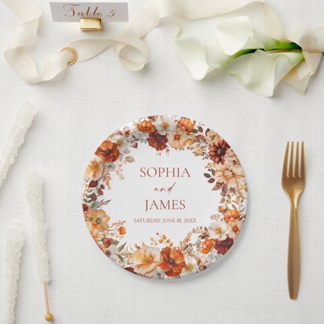 Elegante Rustikale Herbst-Herbst-Blumenhochzeit Pappteller (Hochzeit)