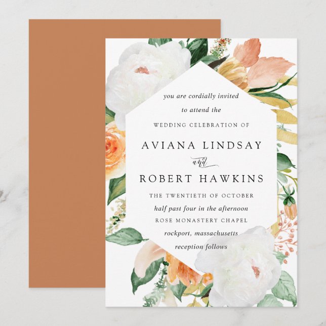 Elegante Rustikale Herbsthochzeit Rose Peony Flora Einladung (Vorne/Hinten)