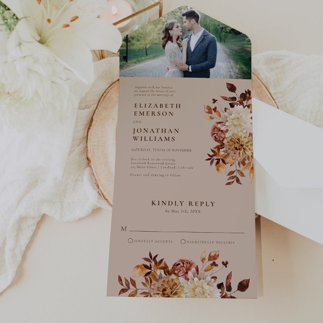 Elegante Rustikale Hochzeit All In One Einladung (Elegant Rustic Fall Floral Photo Wedding All In One Invitation by Painted Paperie
)