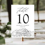 Elegante Rustikale Hochzeit Tischnummer<br><div class="desc">Rustikale Stallkarten mit einer skizzierten Abbildung einer Scheune und eines Waldes am Ende des Designs mit weißem Hintergrund. "Table" wird in eleganter schwarzer Kalligrafie mit der unten abgebildeten Tischnummer angezeigt. Personalisieren Sie die Karte mit Ihren Namen und Hochzeitstermin. Design wiederholt sich auf der Rückseite. Um die Tischkarten zu bestellen, fügen...</div>