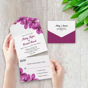 Elegante rustikale lila Blumen Sommer Blumen Hochz All In One Einladung