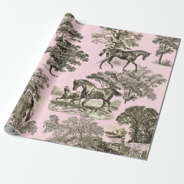 Elegante Rustikale Pferde Rosa Beige Toile Nahtlos Geschenkpapier (Ungerollt)