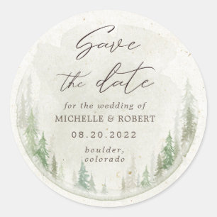 Elegante rustikale Pinienbäume Save the Date Runder Aufkleber