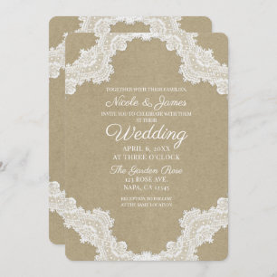 Elegante rustikale Romance White Lace & Kraft Wedd Einladung