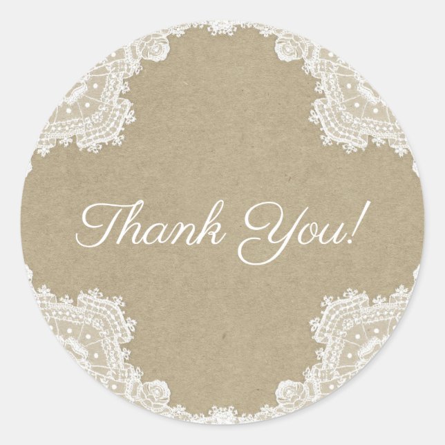 Elegante rustikale Romance White Lace & Kraft Wedd Runder Aufkleber (Vorderseite)