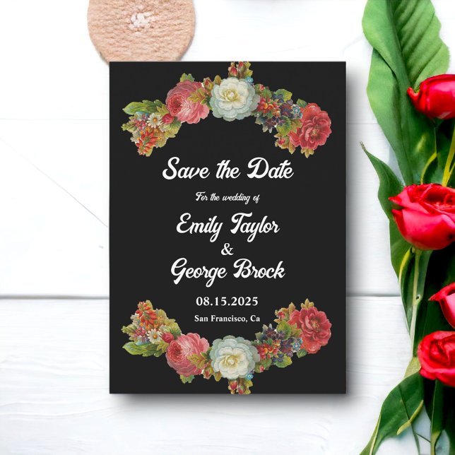 Elegante Rustikale Romantik Boho Black Floral Hoch Save The Date (Von Creator hochgeladen)