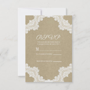 Elegante rustikale Romantik Weiße Spitze & Kraft R RSVP Karte
