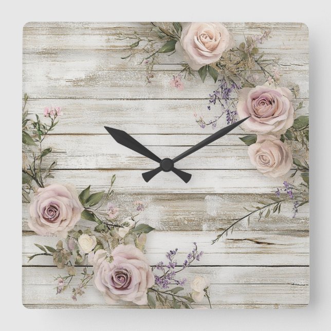 Elegante Rustikale Rose Wall Clock Quadratische Wanduhr (Vorderseite)