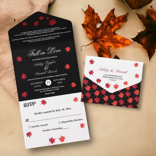 Elegante rustikale Schwarz-Weiß-Hochzeit im Herbst All In One Einladung (Von Creator hochgeladen)