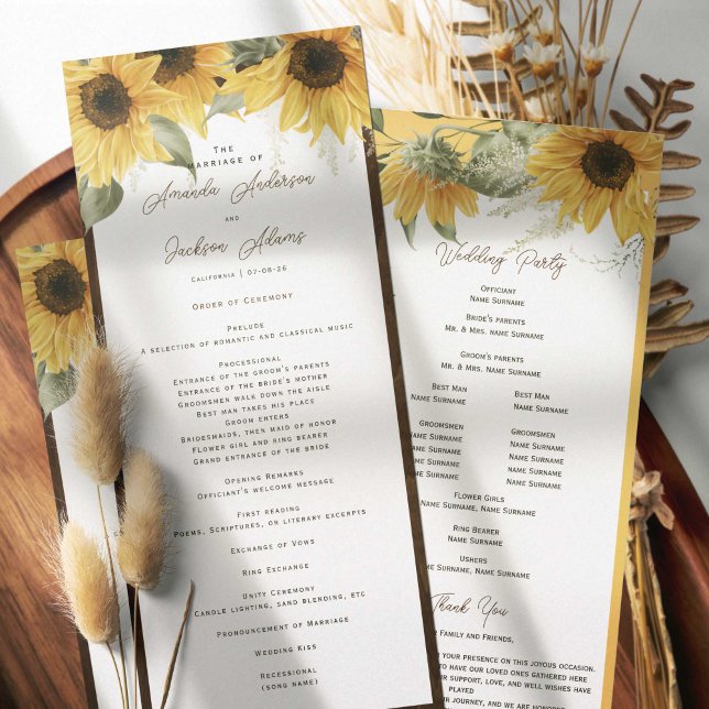 Elegante rustikale Sonnenblume, Hochzeit auf dem L Programm (Beautiful watercolor sunflower painting, rustic themed wedding programs for summer and fall wedding.)