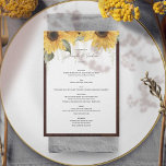 Elegante rustikale Sonnenblume, Hochzeitsmenü Menükarte<br><div class="desc">Die rustikalen Hochzeitskarten der Sonnenblumen, die sich perfekt für einen gemütlichen Tag in der Natur eignen. Diese Karten von A7-Größe zeichnen sich durch ein wunderschön gefertigtes Design aus, das lebendige Sonnenblumen zeigt, die Verehrung und Loyalität symbolisieren, Set vor einem rustikalen Hintergrund. Ideal für Hochzeiten im Herbst und Sommer, schaffen diese...</div>