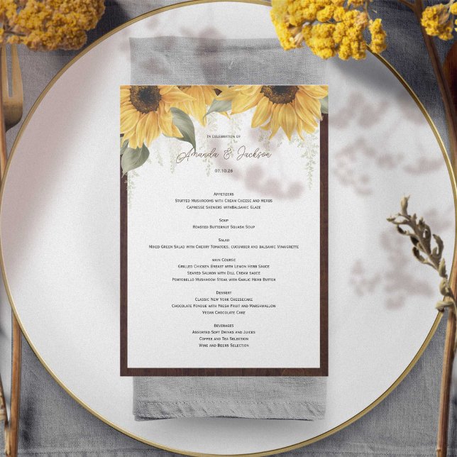 Elegante rustikale Sonnenblume, Hochzeitsmenü Menükarte (Sunflower themed, rustic wedding menu cards. Features beautiful watercolor sunflowers.)