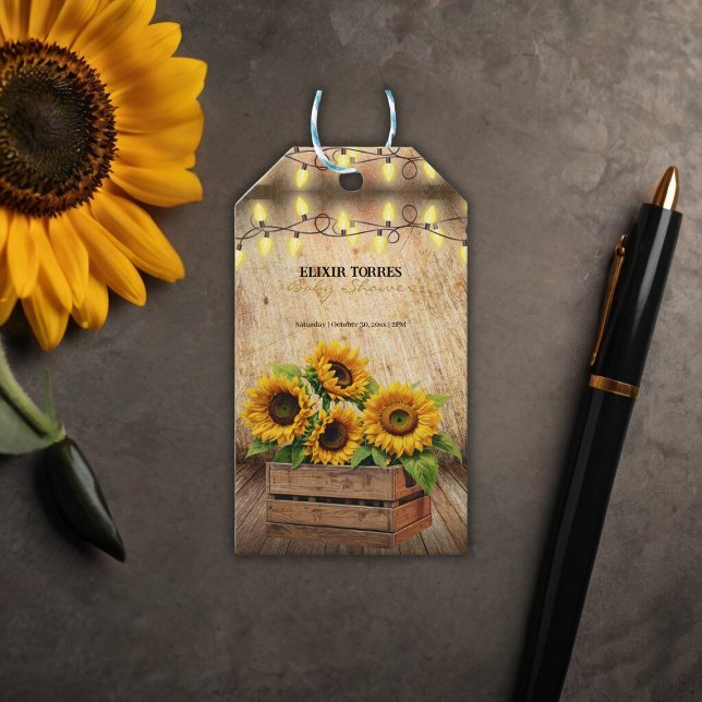 Elegante rustikale Sonnenblumenkiste Moderne Babyd Geschenkanhänger (Von Creator hochgeladen)