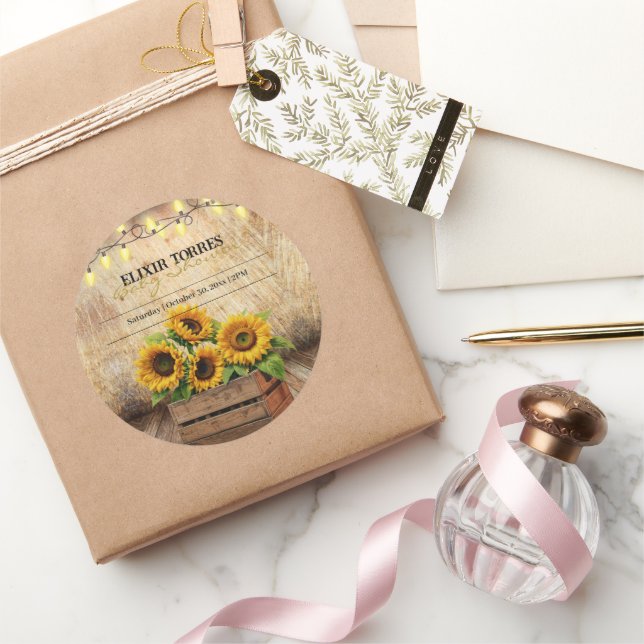 Elegante rustikale Sonnenblumenkiste Moderne Babyd Runder Aufkleber (Schenken)