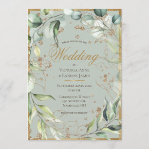 Elegante Rustikale Vegetation Gold Eukalyptus Wedd Einladung