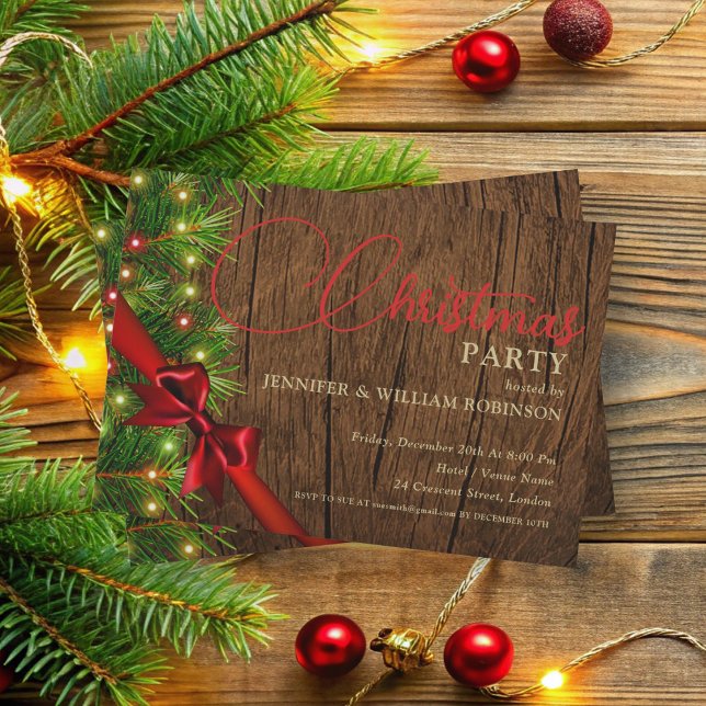 Elegante Rustikale Weihnachtsfeier Einladung (Elegant Rustic Ribbon & Pine Xmas Holiday Party Invitation)