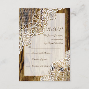 Elegante rustikale weiße Spitze auf Holzhochzeit R RSVP Karte