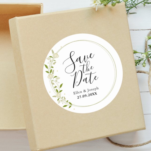 Elegante rustikale Wildblume Hochzeit speichern da Runder Aufkleber (Wildflower wedding sticker creates a warm romantic touch for special announcements.)