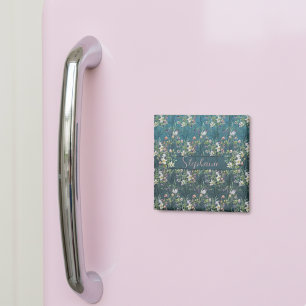Elegante rustikale Wildblumen auf Teal-Holz-Monogr Magnet