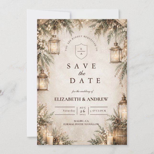 Elegante rustikale Winterhochzeit Save The Date (Vorderseite)