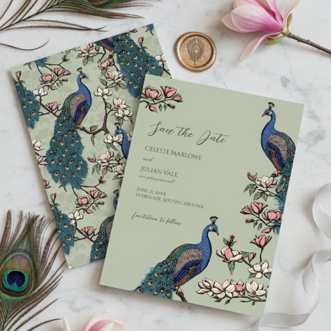 Elegante Sage Floral Peacock Wedding Save The Date (Sage Peacock Save the Dates for Modern Bird Wedding. Vintage Floral Peacock Chinoiserie Engagement )