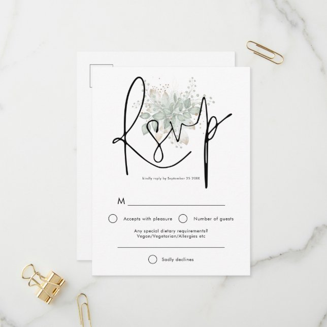 Elegante Sage Foliage Black Script Wedding RSVP Einladungspostkarte (Vorderseite/Rückseite Beispiel)