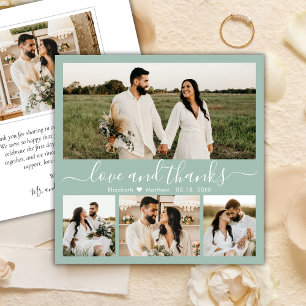 Elegante Sage Green 4 Foto Collage Script Hochzeit Dankeskarte