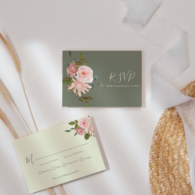 Elegante Sage Green Blush Pink Blumenzehen RSVP Karte (Von Creator hochgeladen)