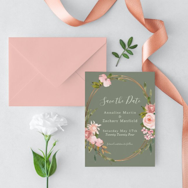 Elegante Sage Green Blush Pink Blumenzehen Save The Date (Von Creator hochgeladen)