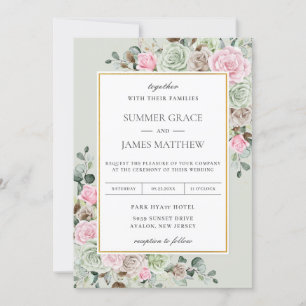 Elegante Sage Green Blush Pink Brown Floral Weddin Einladung