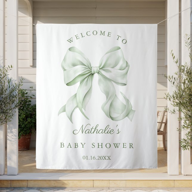 Elegante Sage Green Bow Baby Dusche Hintergrund Wandteppich (Von Creator hochgeladen)