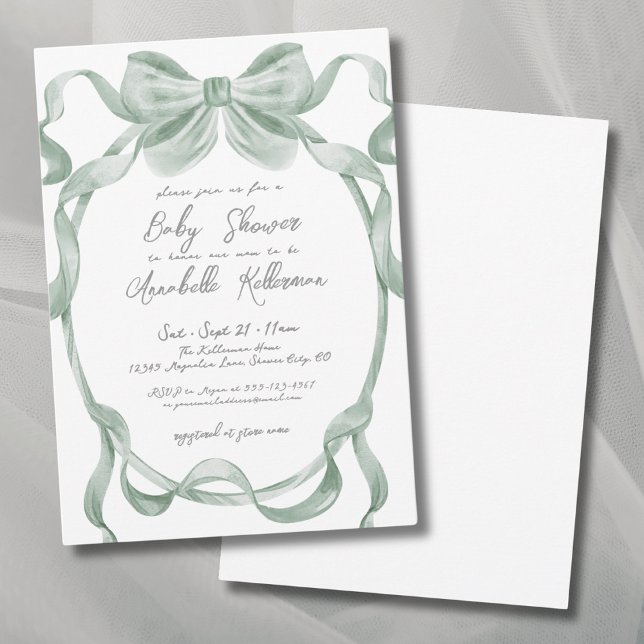 Elegante Sage Green Bow Baby Shower Einladung (Elegant Sage Green Bow Baby Shower Invitation)