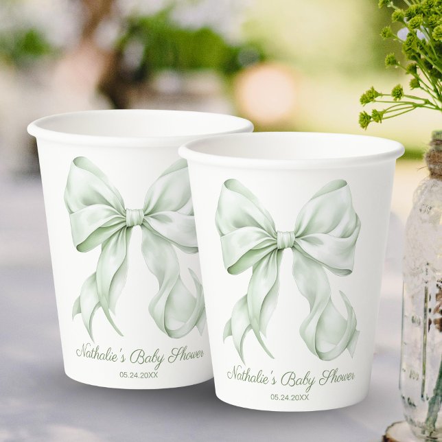 Elegante Sage Green Bow Baby Shower Pappbecher (Von Creator hochgeladen)