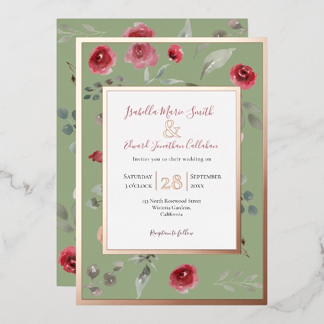 Elegante Sage Green Burgundy Rose Rose Gold Folieneinladung (Vorderseite/Rückseite)