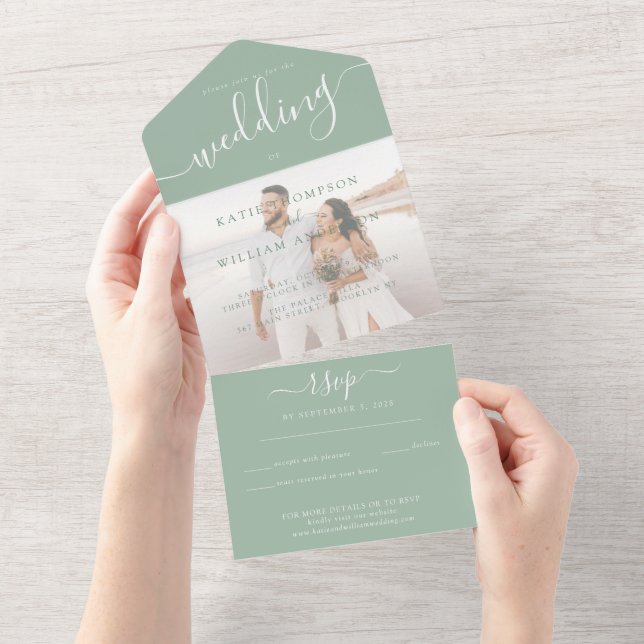 Elegante Sage Green Calligraphy Foto Wedding All In One Einladung (Abreißen)
